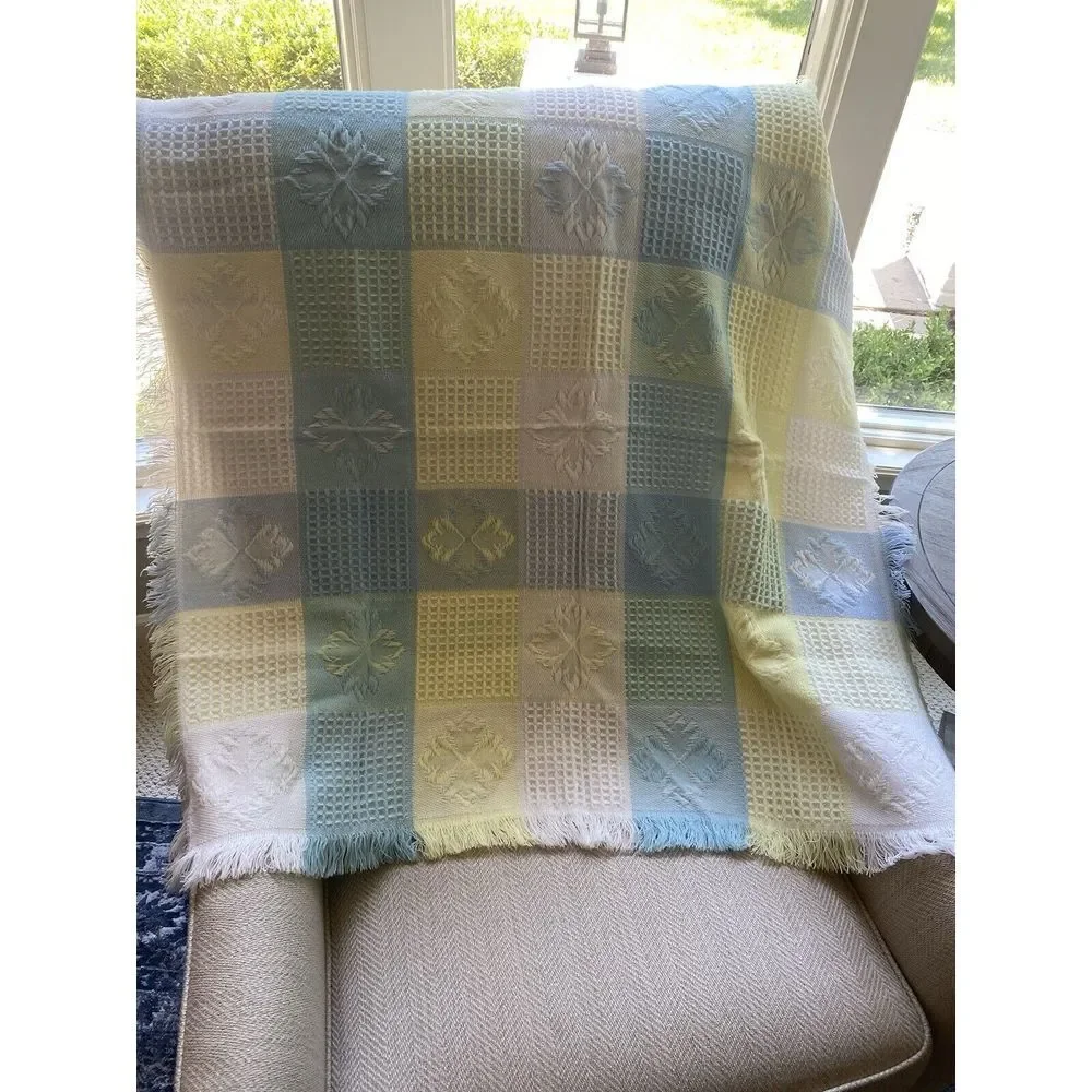 VTG FRIEMANIT Acrylic Boy Baby‎ Blanket Pastel Blue Yellow Squares Fringe Japan